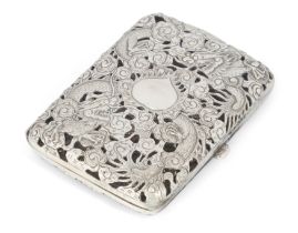 A dragon-decorated Chinese export silver cigarette case.  Maker's mark Kun He, retailed by Hung ...