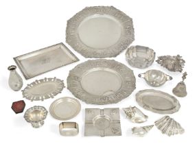 A group of silver and metalware including three silver plated 'seashell' paperweights.  Christof...