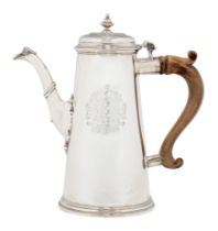A George II silver coffee pot.  Maker's mark indistinct,  London, 1736.  Of tapering, cylindri...