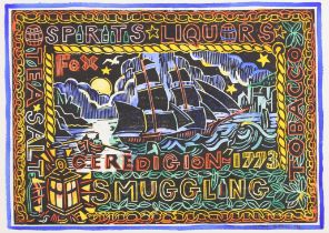 Stuart Evans,  20th/21st century -  Smuggling, 1996;  hand coloured lino-print on paper, signed...