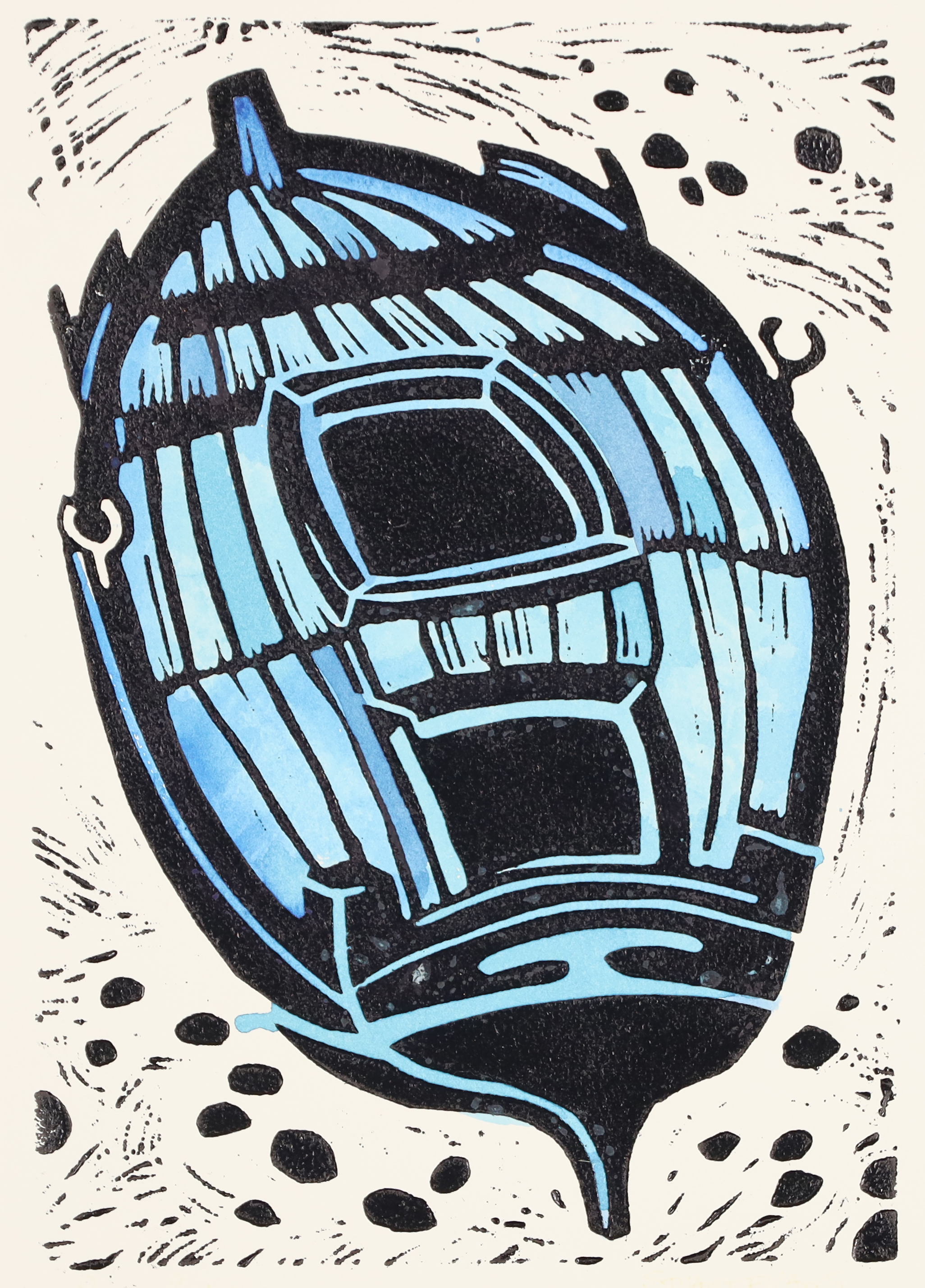 Stuart Evans,  20th/21st century -  Blue boat;  hand coloured lino-print on paper, signed lower...