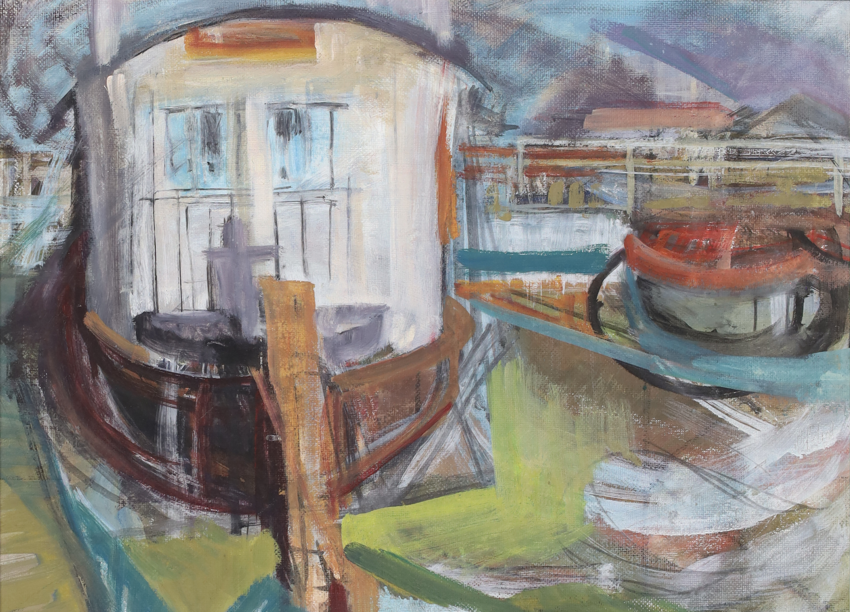 Sylvia Bergin Rowley,  British 1904-1999 -  Littlehampton Boat Yard, Houseboats;  oil on board,...