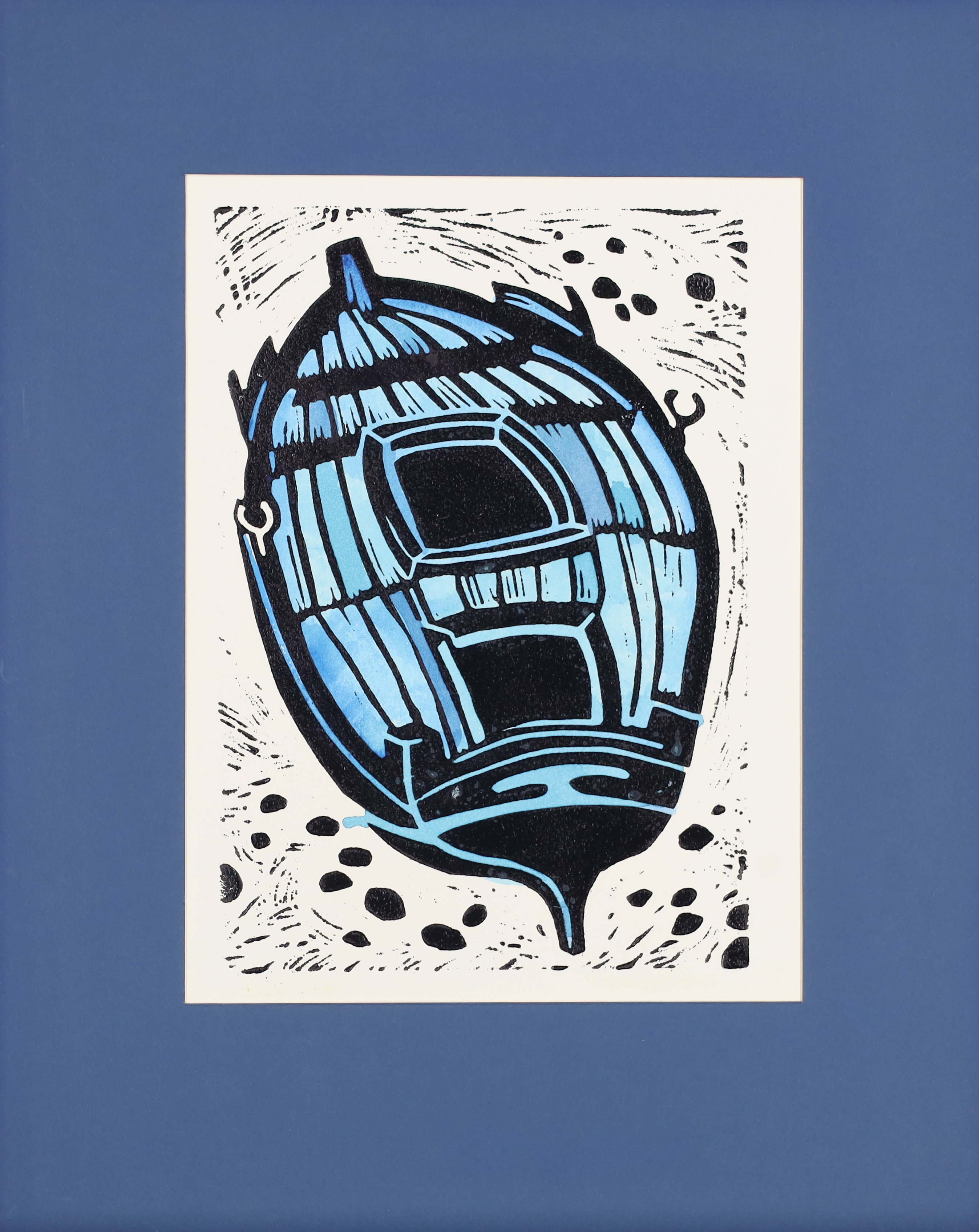 Stuart Evans,  20th/21st century -  Blue boat;  hand coloured lino-print on paper, signed lower... - Image 2 of 2