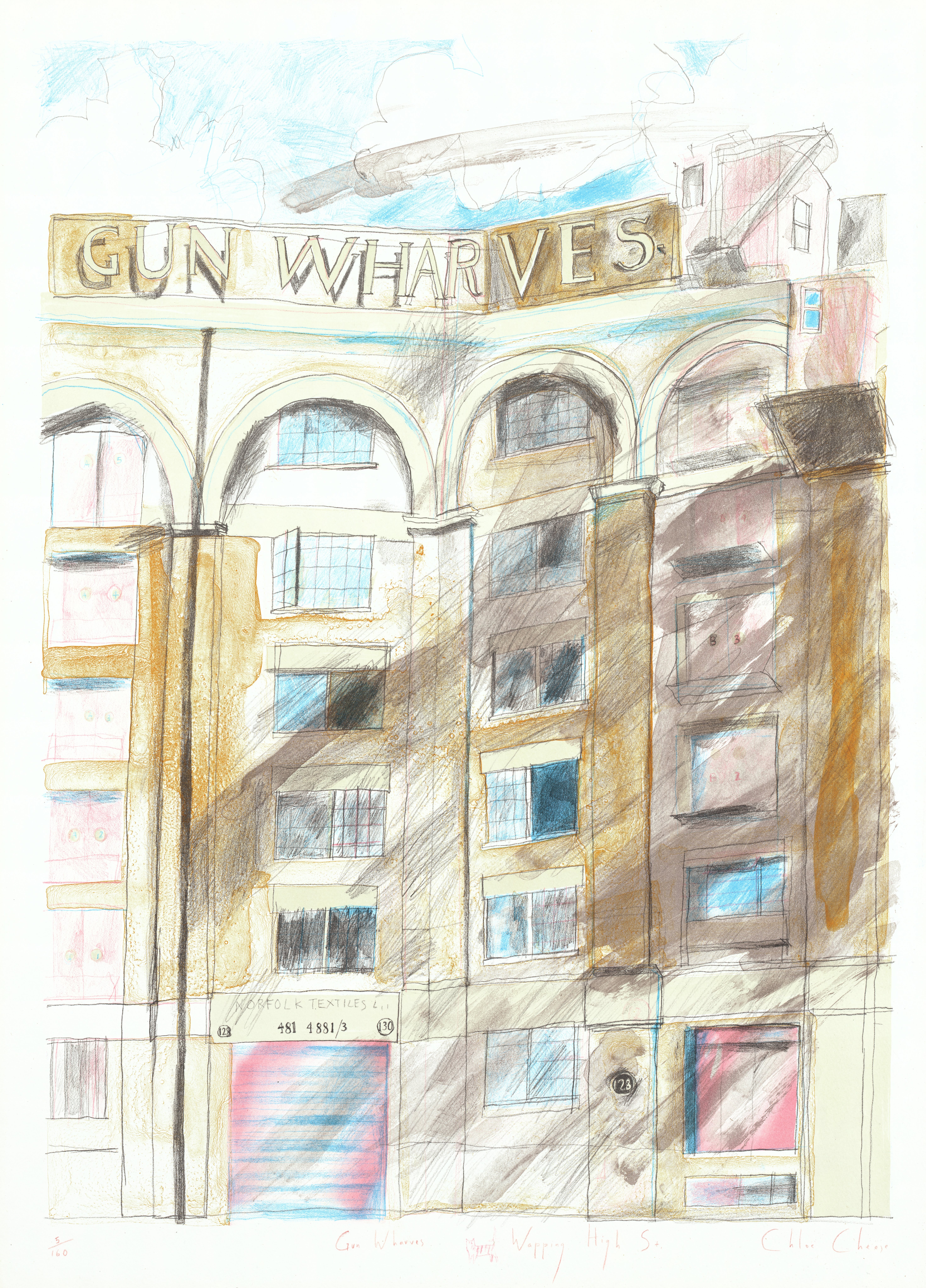 Chloë Cheese,  British b.1952 -  Gun wharves, Wapping High Street;  lithograph on paper, signed...