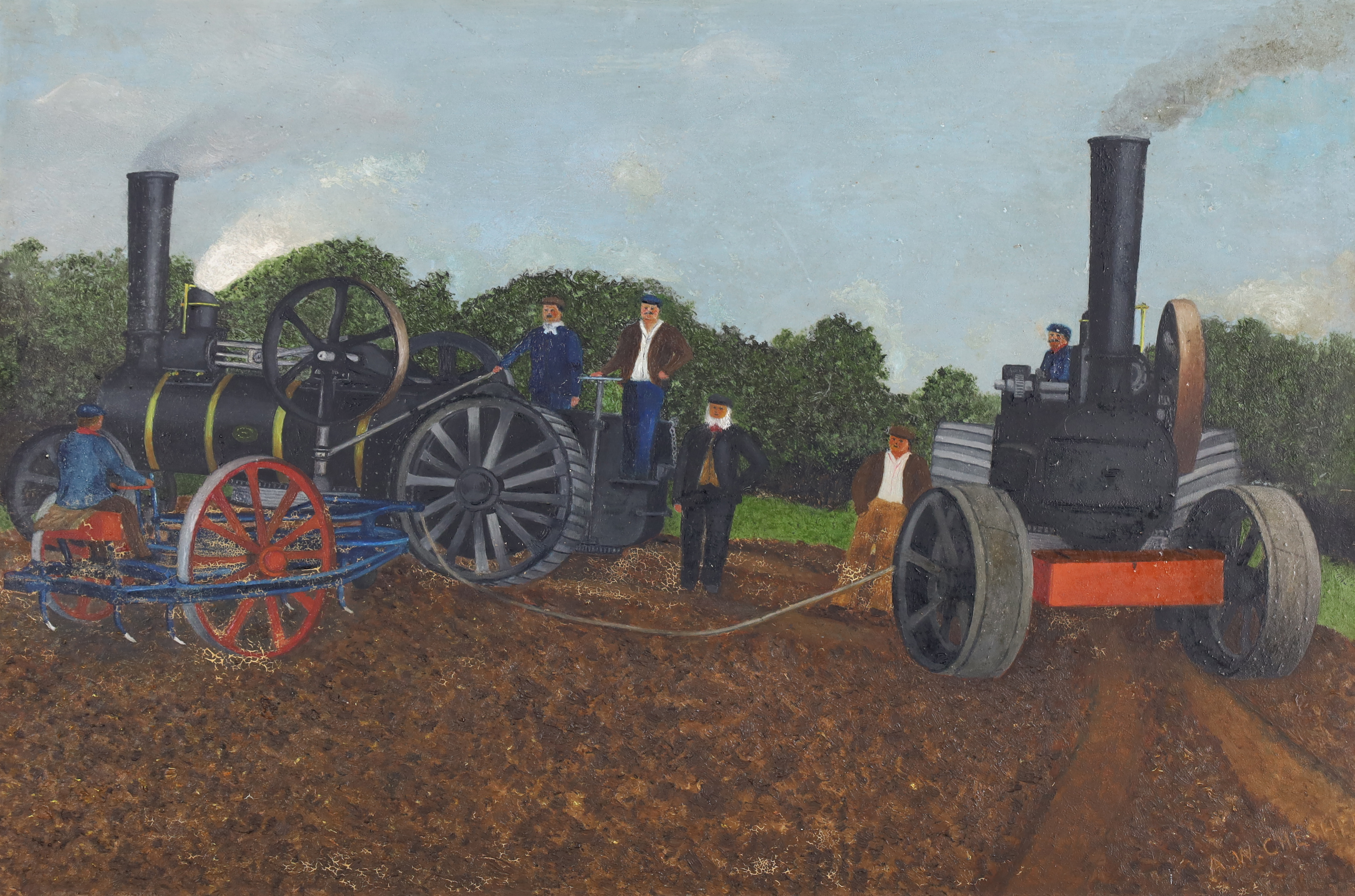 A.W. Chesher,  British 1895-1972 -  Steam Ploughing, 1914;  oil on board, signed lower right 'A...