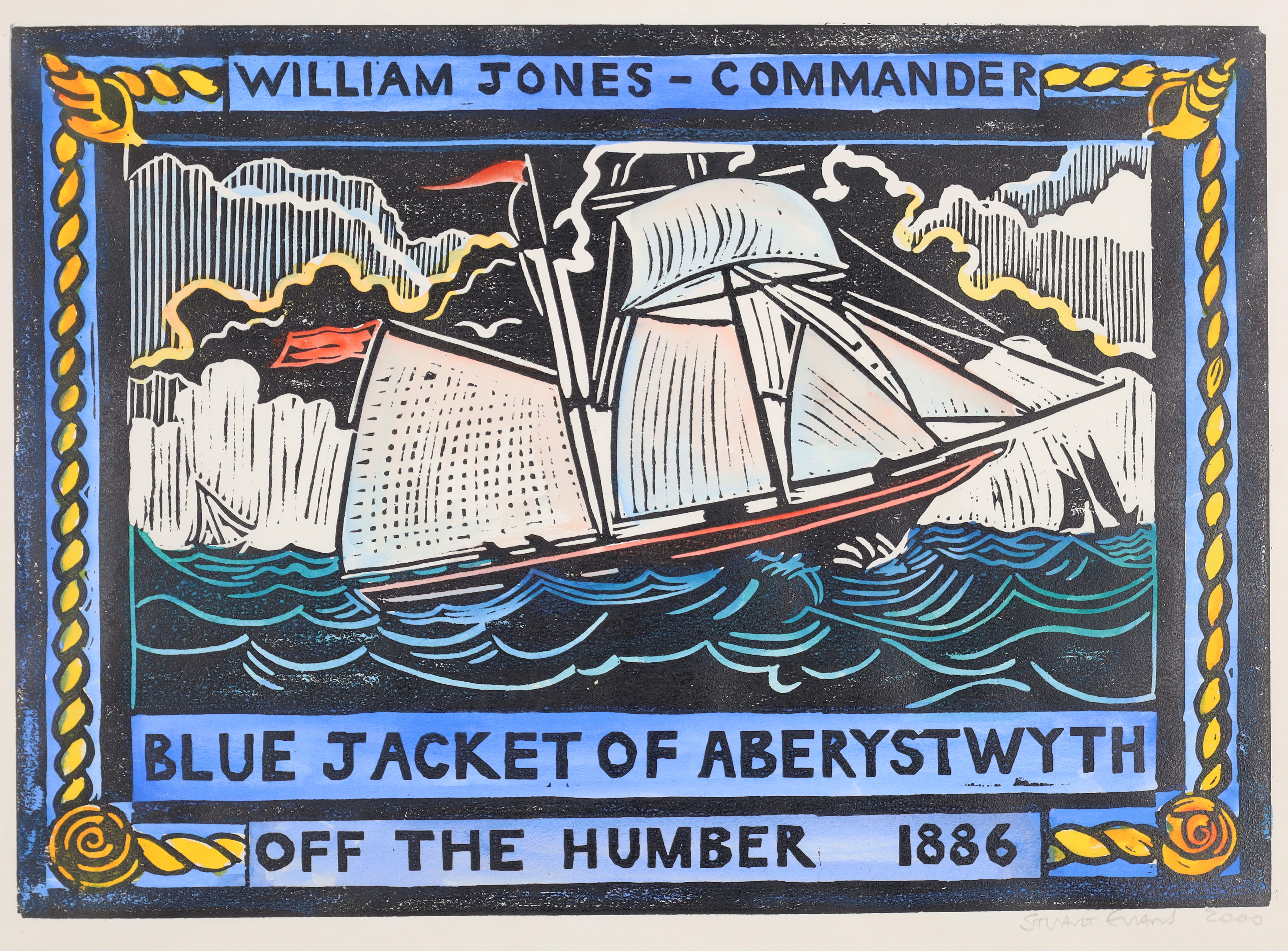 Stuart Evans,  20th/21st century -  Blue Jackets, 2000; hand coloured lino-print on paper, sign...