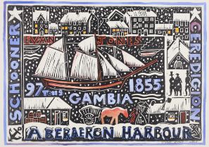 Stuart Evans,  20th/21st century -  Gambia II, 2003;  hand coloured lino-print on paper, signed...