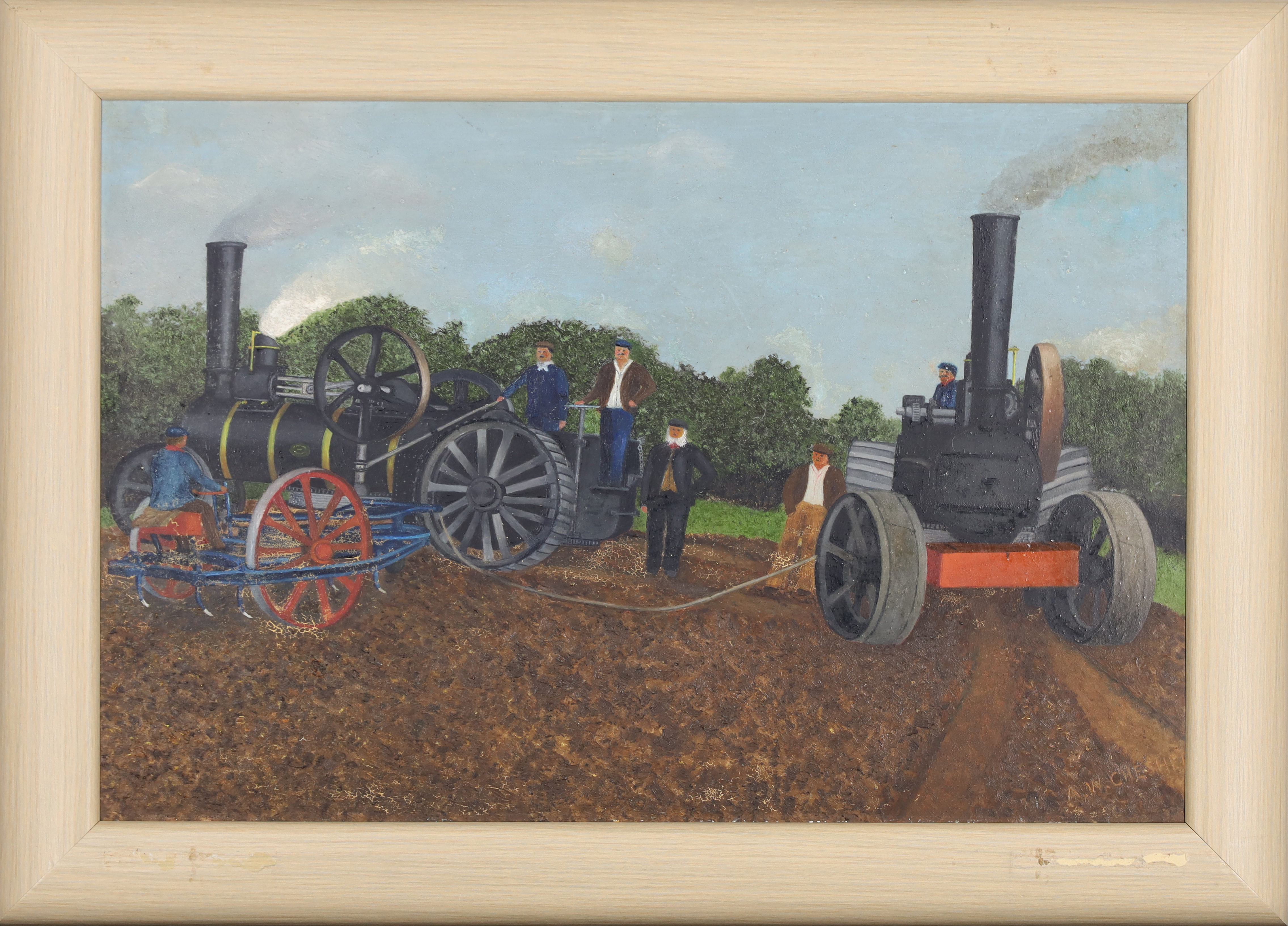 A.W. Chesher,  British 1895-1972 -  Steam Ploughing, 1914;  oil on board, signed lower right 'A... - Image 2 of 3