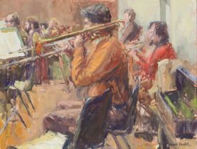 Valerie Smith,  British 20th century -  The Trombone Player;  oil on canvas laid down on board,...