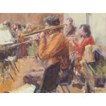 Valerie Smith,  British 20th century -  The Trombone Player;  oil on canvas laid down on board,...