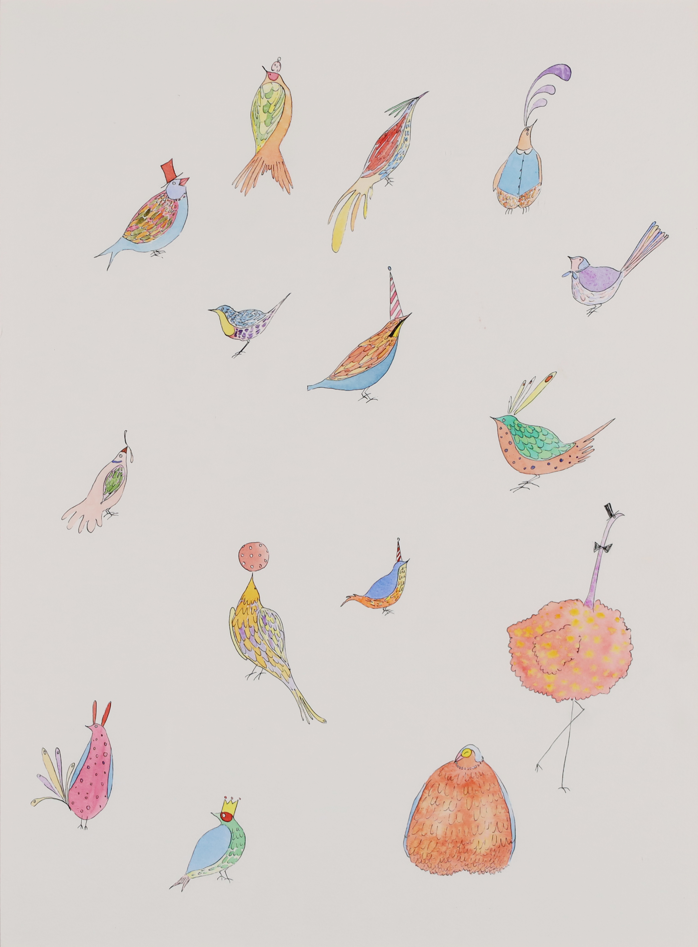 Lucy Barlow,  British 20th/21st century -  Bird Parade;  watercolour and pen on paper, 50 x 37 ...