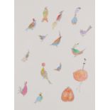 Lucy Barlow,  British 20th/21st century -  Bird Parade;  watercolour and pen on paper, 50 x 37 ...