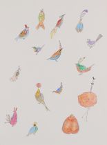 Lucy Barlow,  British 20th/21st century -  Bird Parade;  watercolour and pen on paper, 50 x 37 ...