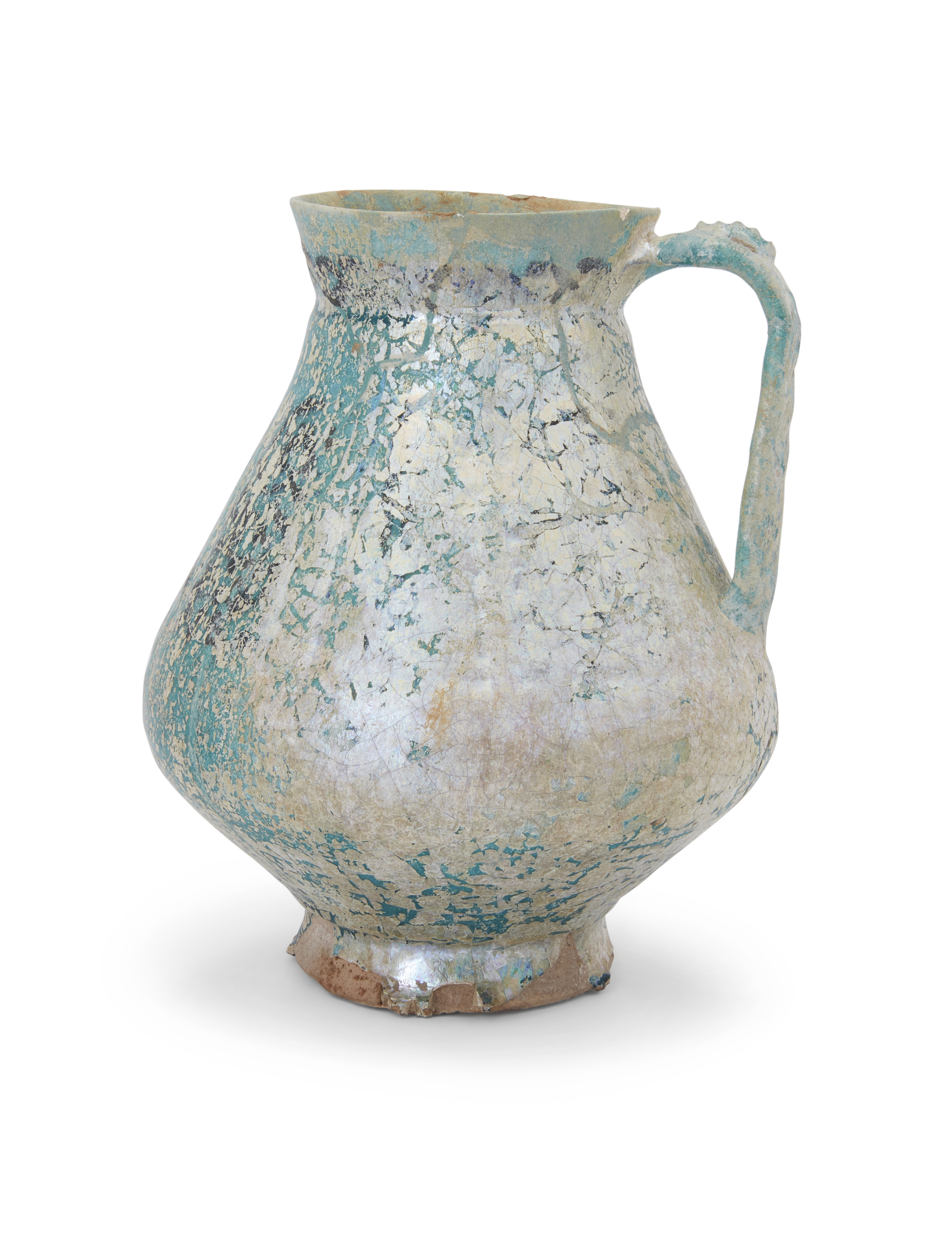 A Kashan turquoise glazed footed pottery jug,   Kashan, central Iran, 12th century, Pyriform, t... - Image 2 of 2