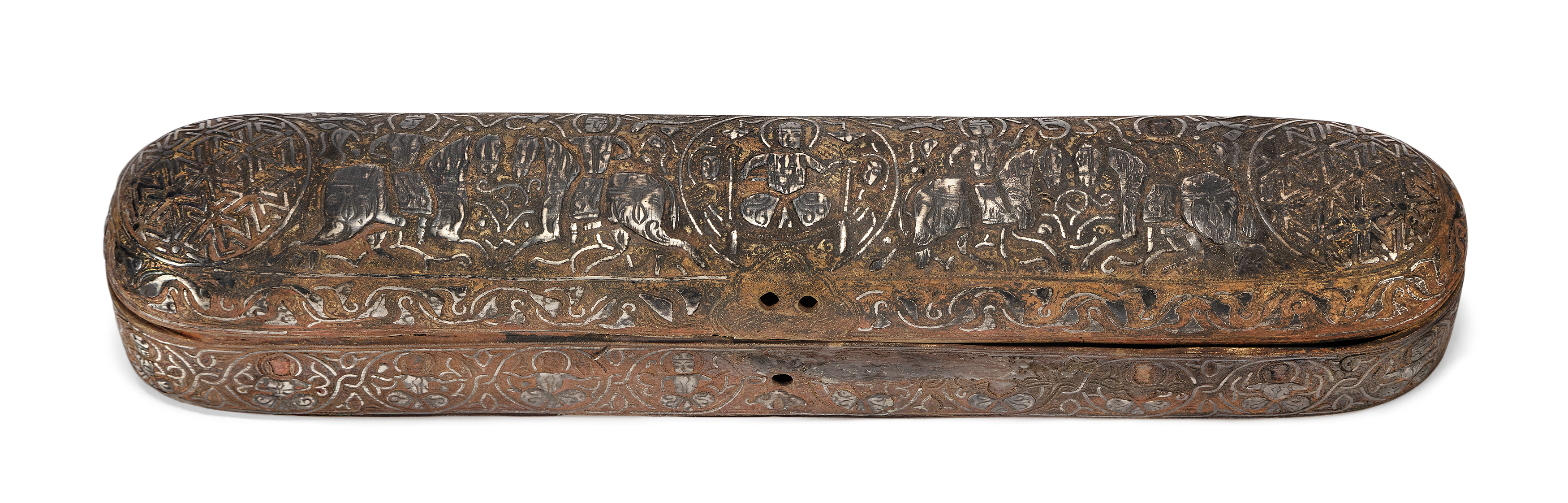 A figural silver-inlaid steel pen case, In the Seljuq-style, 20th century, The lid's central me...