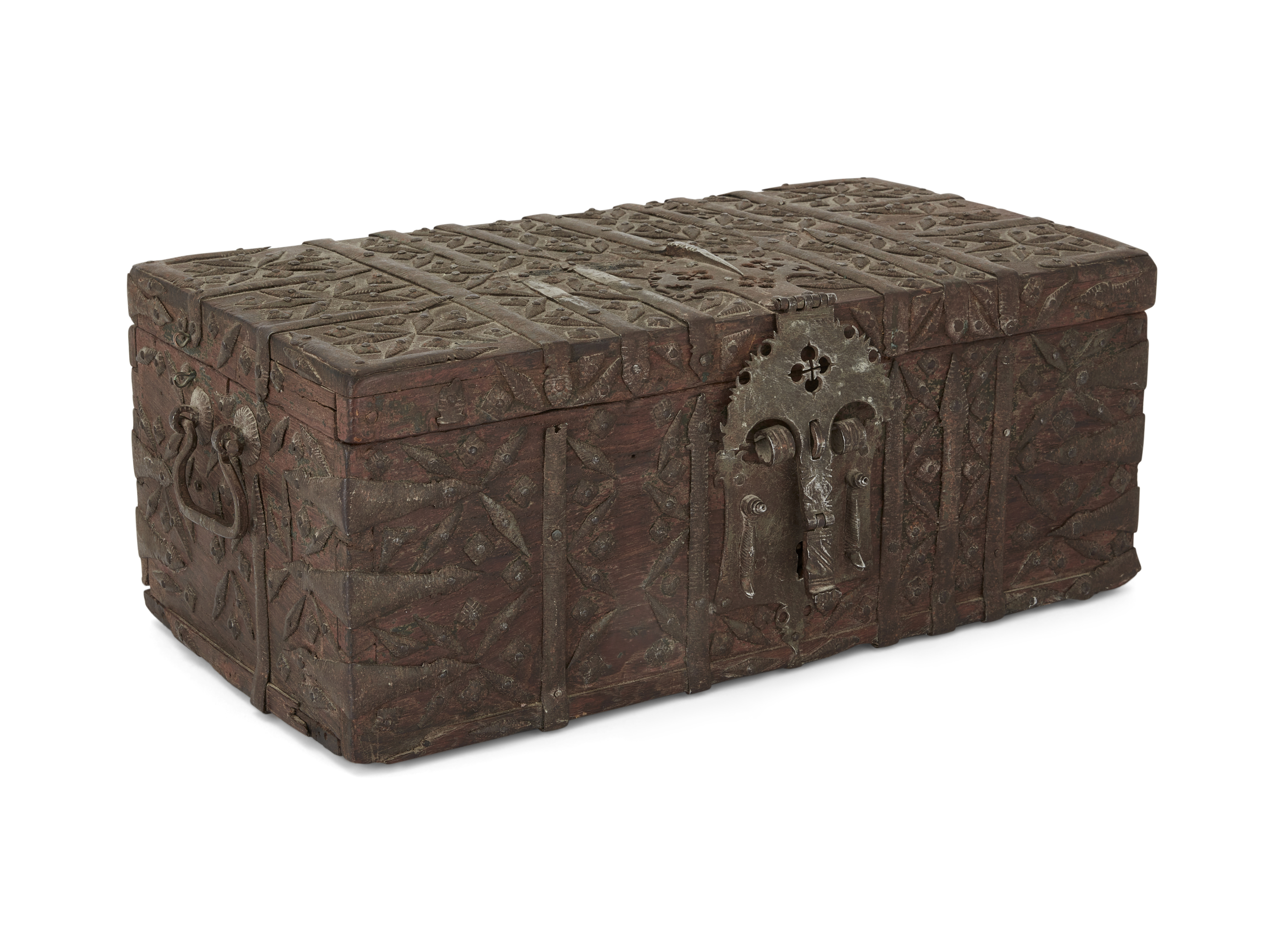 A rectangular steel applied wooden ammunition box, Safavid Iran, 17th century, With hinged flat...
