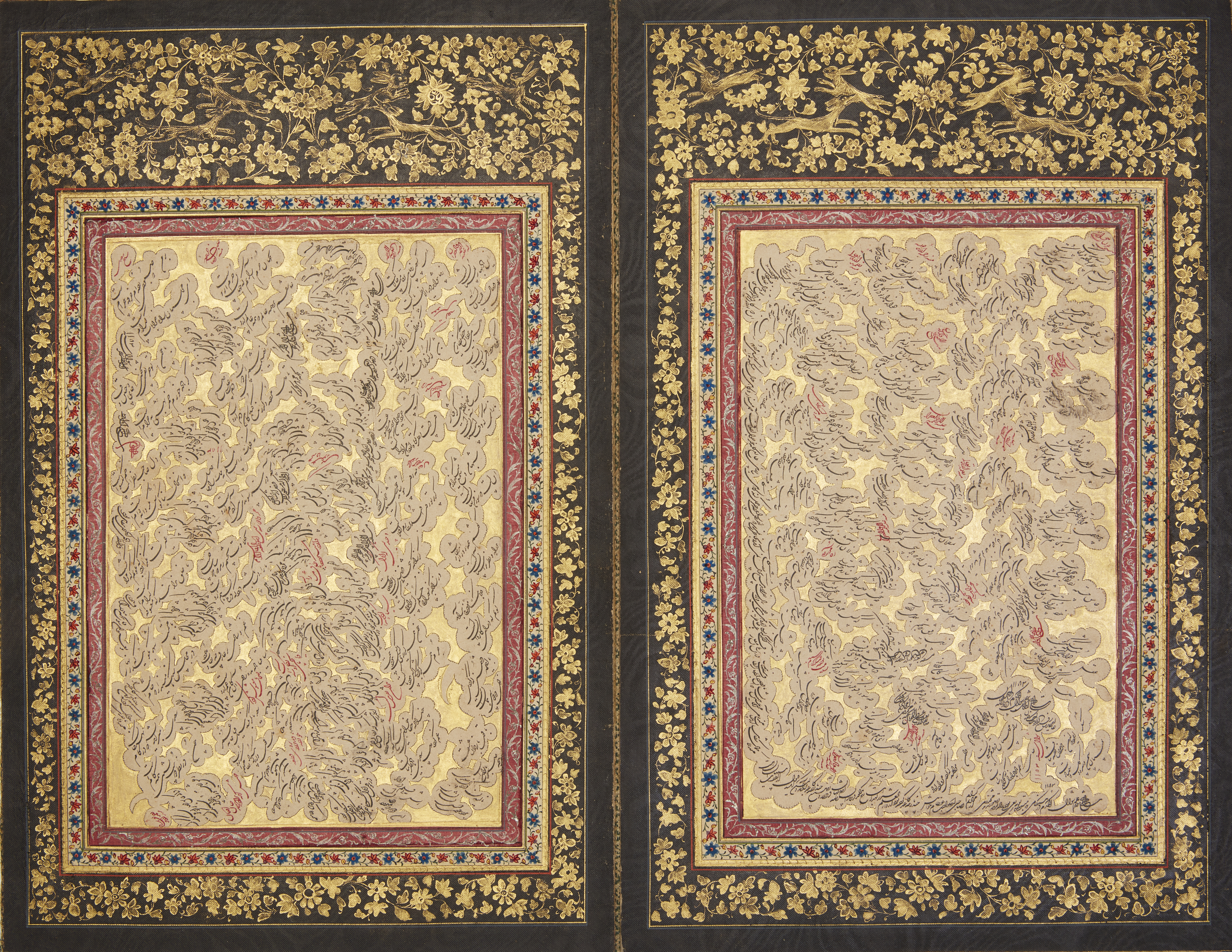 A Zand calligraphic bifolio, Both panels signed and dated 1184AH/1770AD, each in black shikaste...