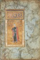 A standing portrait of a courtier, Safavid revival style, 20th century, the margins 17th century...