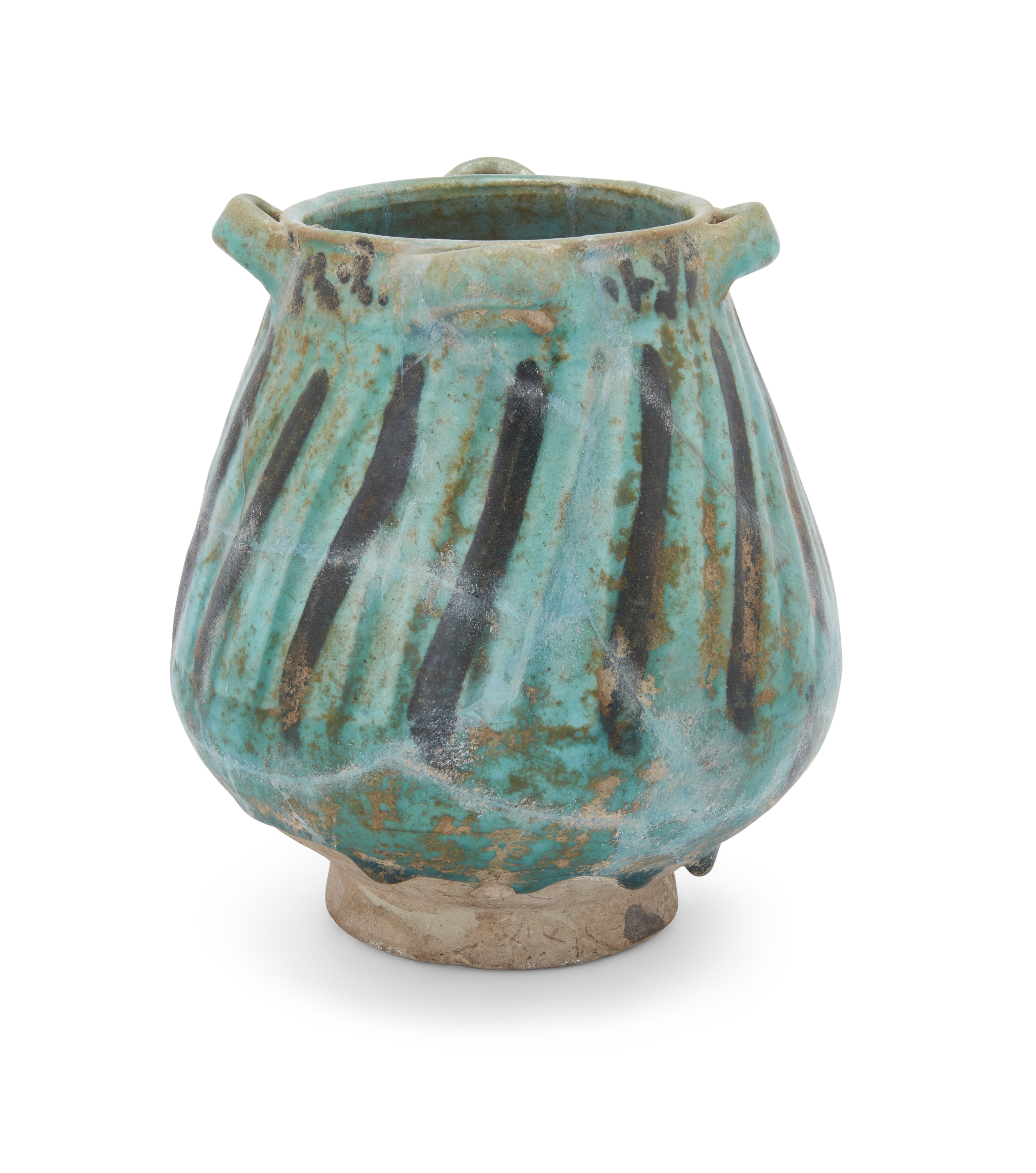 A footed turquoise blue glazed suspension vase Kashan, central Iran, 12th century Pyriform, tru...