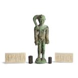 Two ancient near Eastern seals and an Egyptian bronze figure of Horus, the seals possibly re-cut...