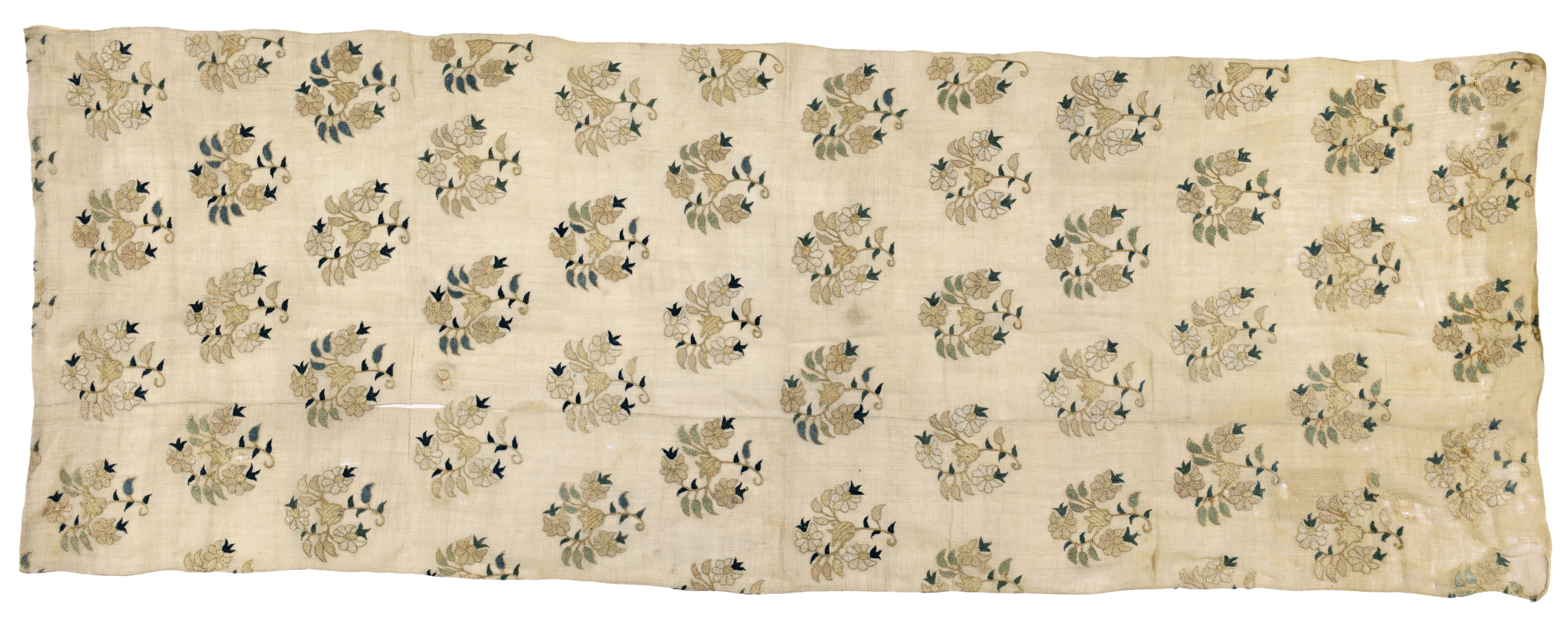 An Ottoman style embroidered linen panel, 20th century, the field with diagonal rows of floral ...