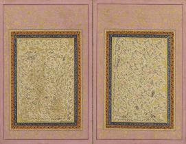 A Zand calligraphic bifolio both panels signed and dated AH1184/1770AD each in black shikasteh ...