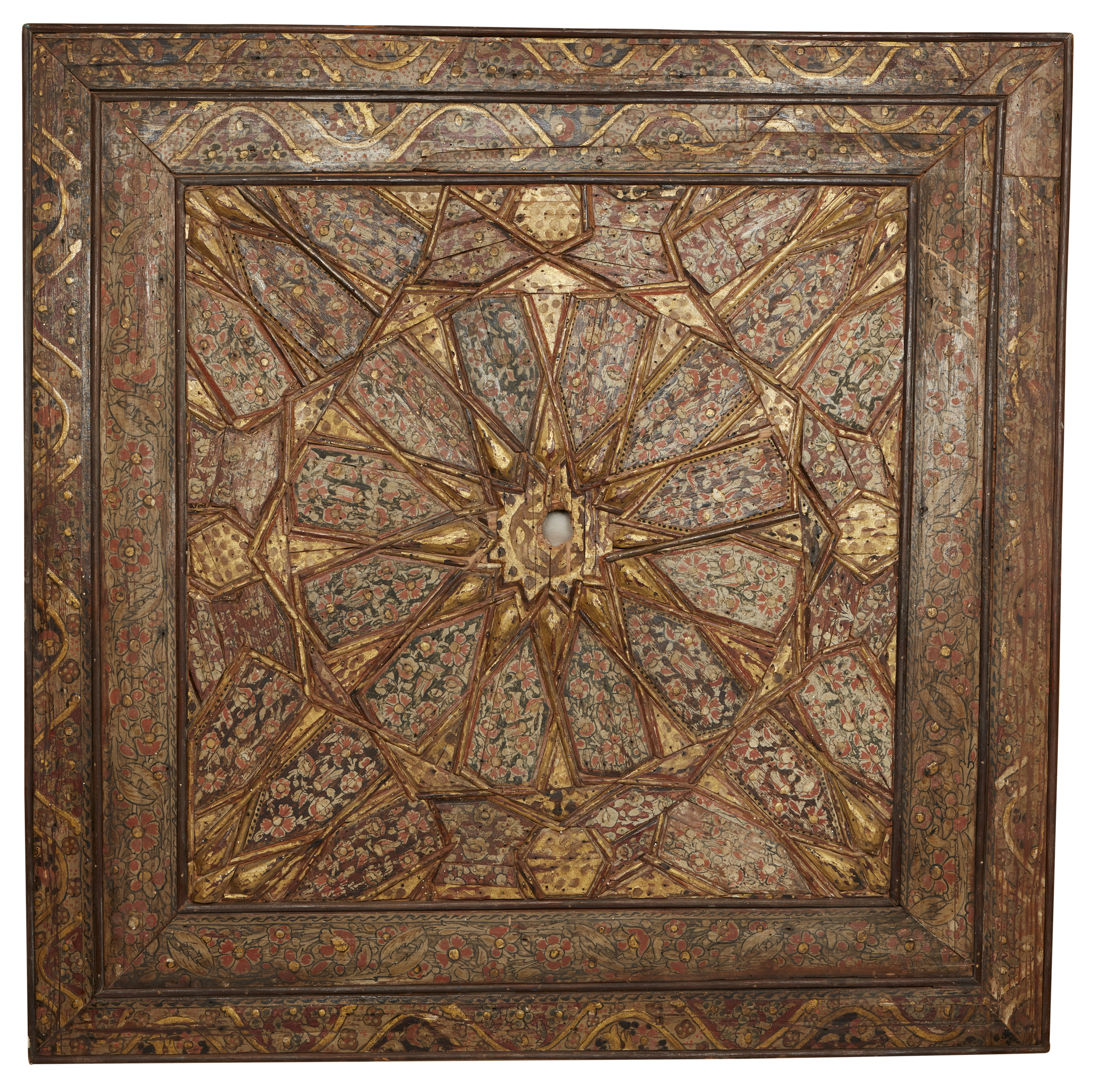 An Ottoman wooden painted panel, probably from a ceiling, Turkey or provinces, 19th century, co...