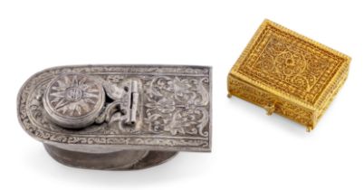 To Be Sold With No Reserve A silver inscribed pencase fitting and a filigree gold box, Iran, 20...