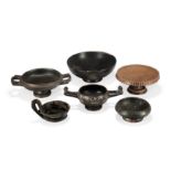 Five Greek South Italian pottery vessels, Circa 4th Century B.C including a miniature Gnathian ...