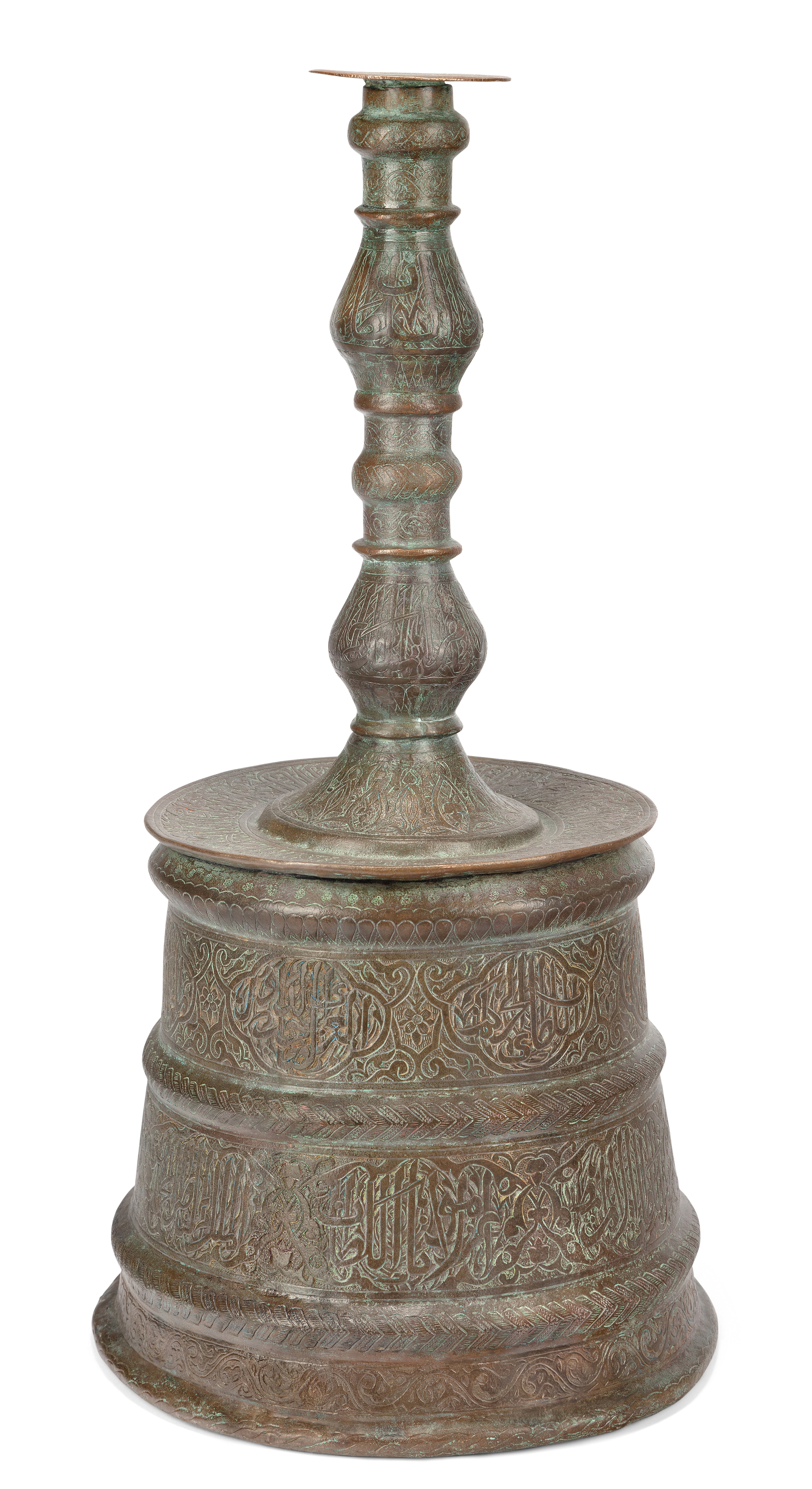 An engraved copper torchstand, Caucasus, 19th century, The cylindrical base rising in sections ...