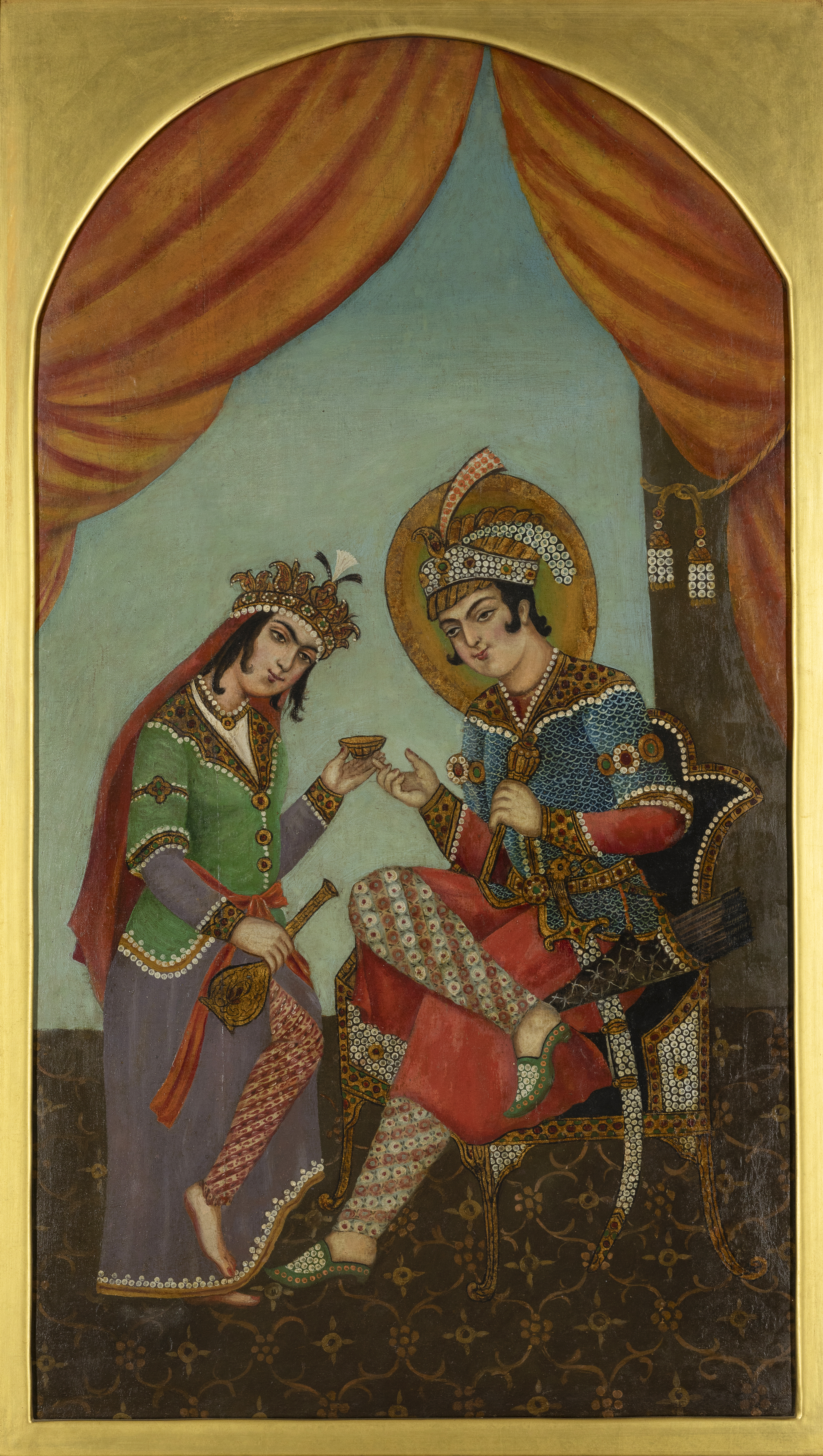 To Be Sold With No Reserve Two lovers, Iran, circa 1900 or later Oil on canvas, he sitting in ...