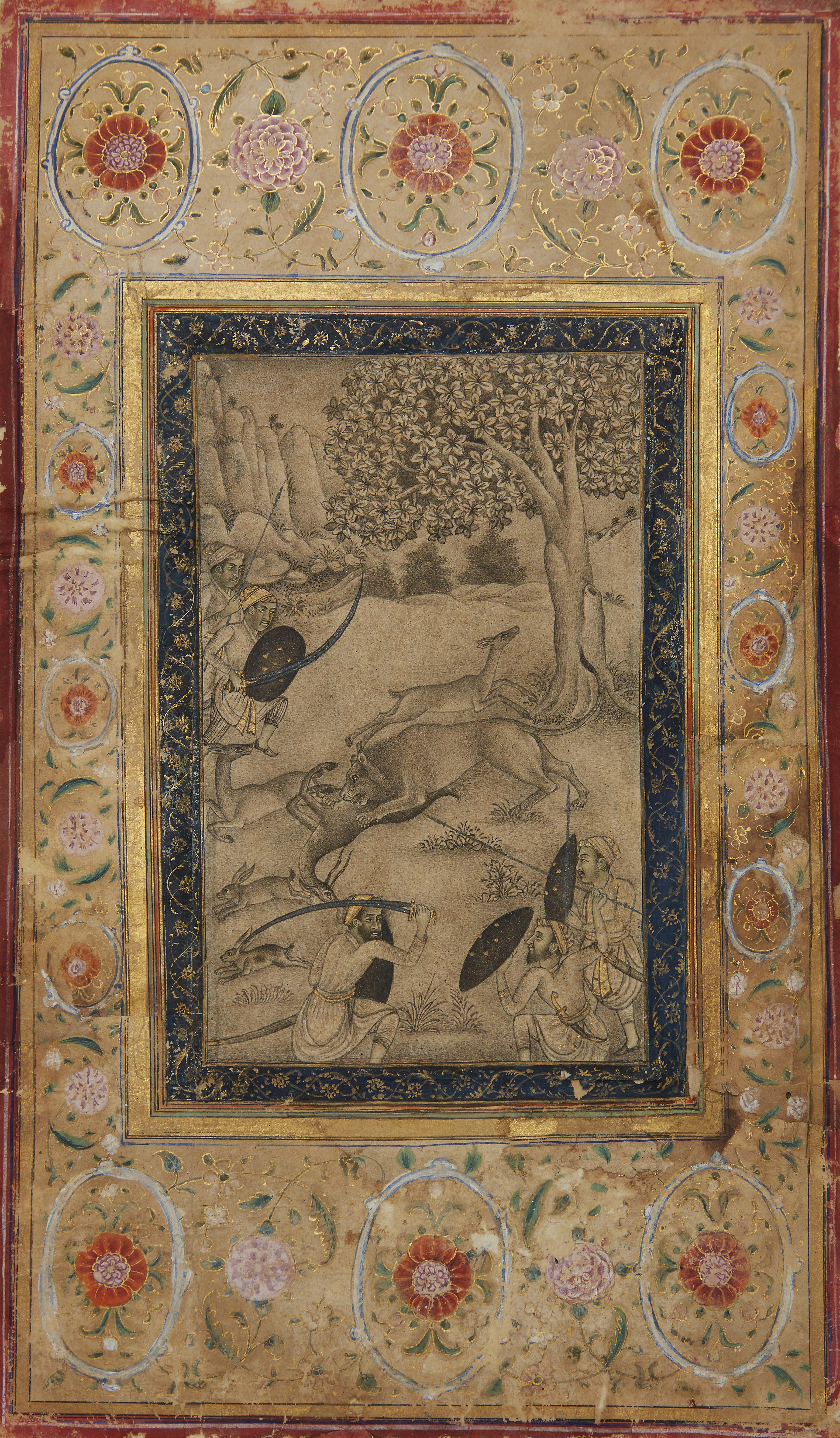 A grisaille drawing : a hunt India, 19th century or later, on paper, a lion pouncing on a deer,...