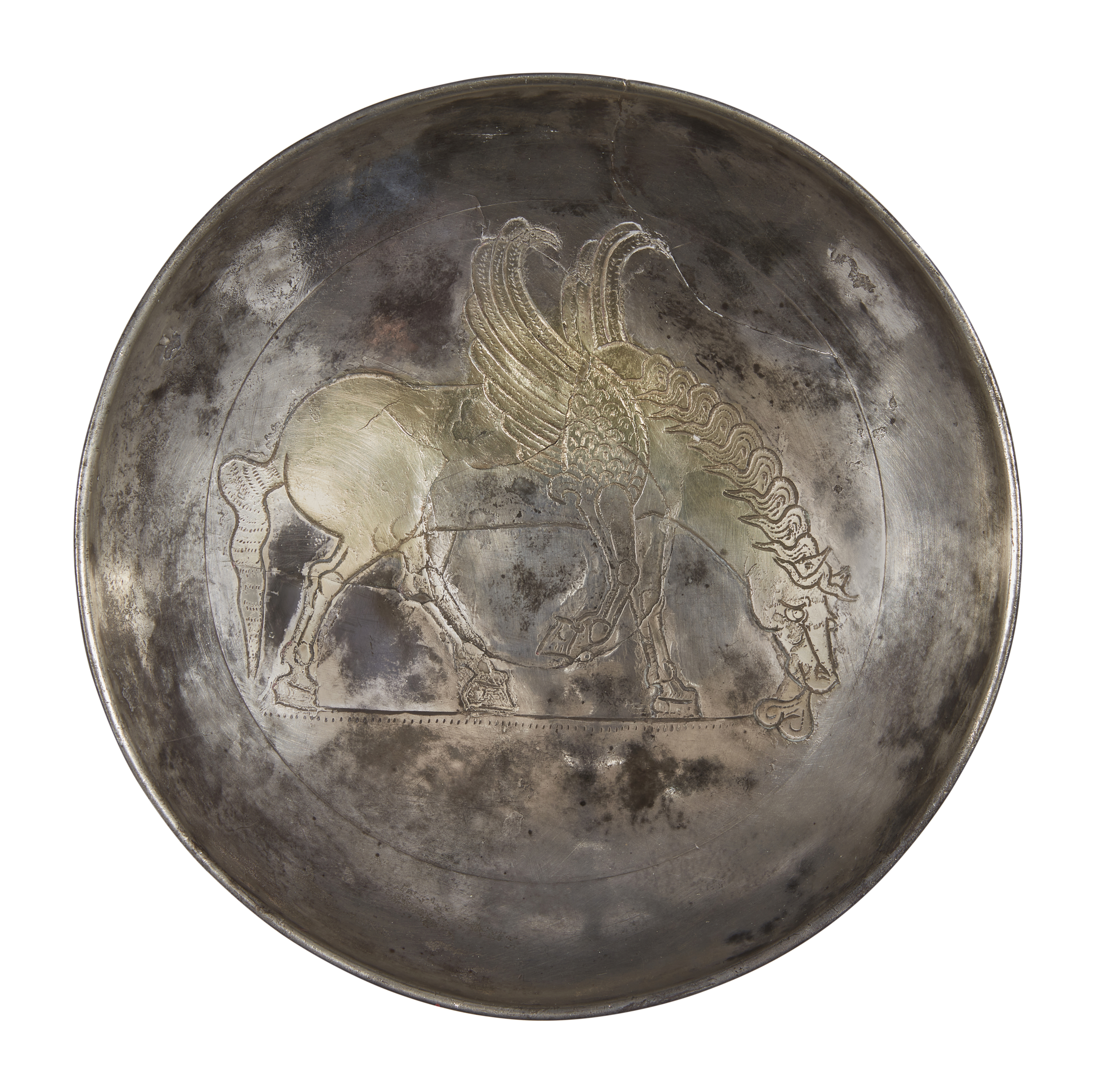 To Be Sold With No Reserve A shallow silver dish set on a raised circular base, Sasanian, circa...