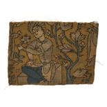 A rectangular textile fragment, Safavid Iran, with a seated courtier under a tree, in blue and ...