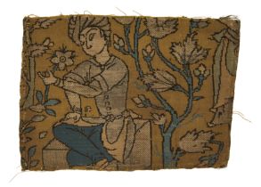 A rectangular textile fragment, Safavid Iran, with a seated courtier under a tree, in blue and ...