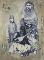 Shahram Karimi, Iranian b.1957- The Musician, 2010; mixed media on curtain fabric, 146 x 110 c...