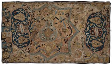 A composite couched silk embroidered panel, South Iran, 18th century, of rectangular form, work...