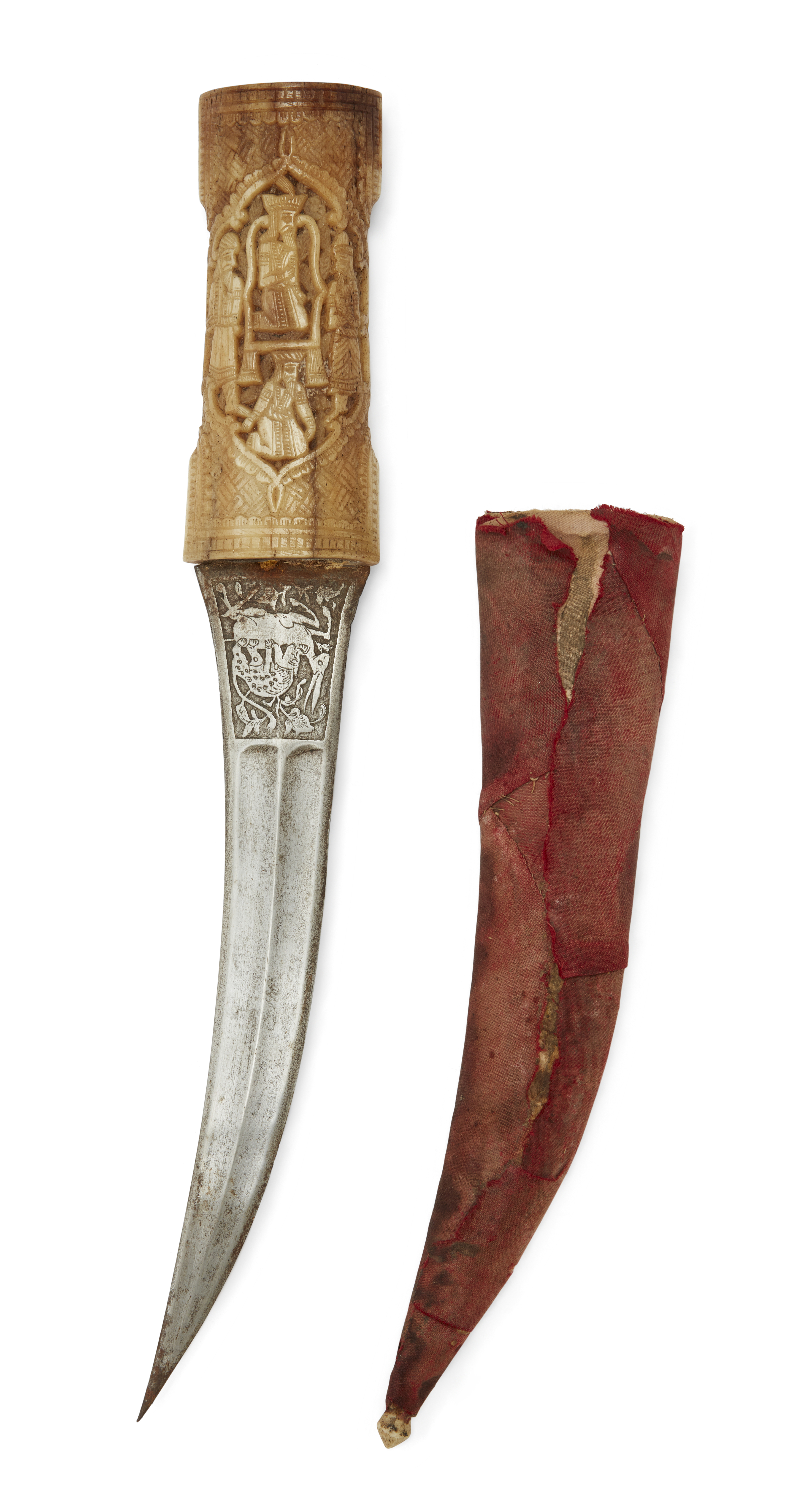 A walrus ivory hilted dagger, Qajar, Iran, 19th century, The double fullered curved blade engra... - Image 2 of 2