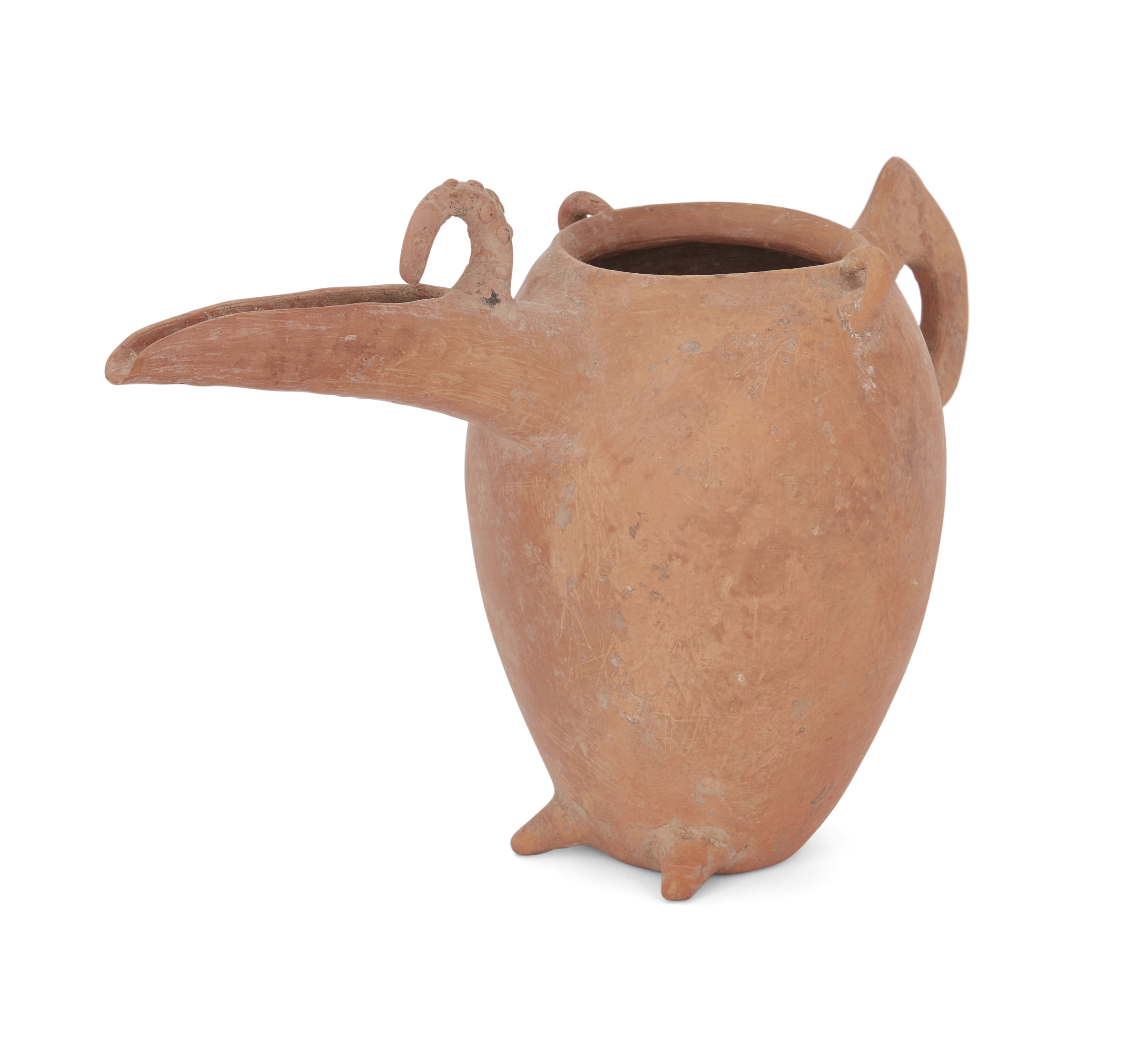 An Amlash ovoid zoomorphic pottery vessel, circa 1000-800 B.C.,  with spurred handle, loops,...
