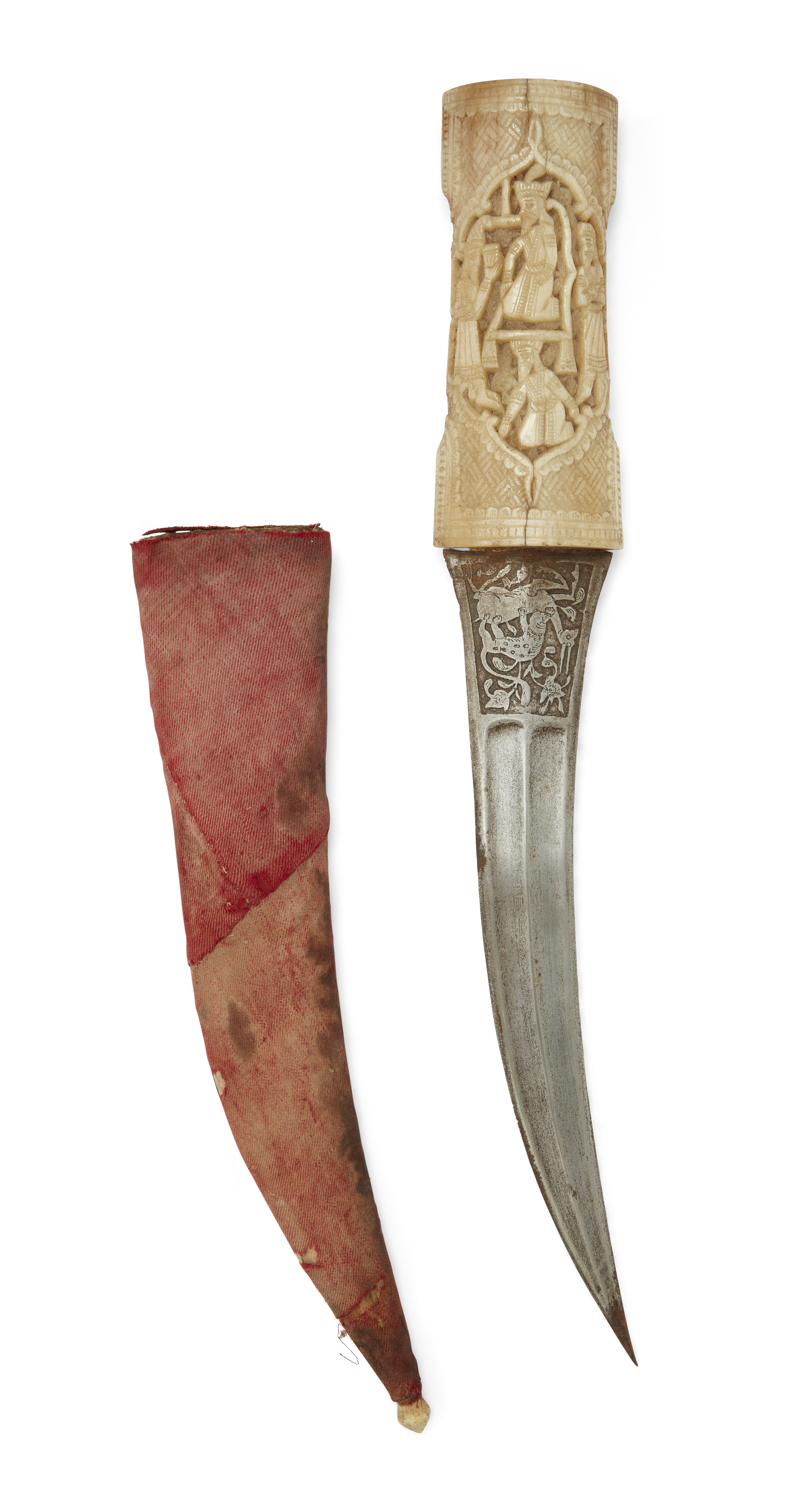 A walrus ivory hilted dagger, Qajar, Iran, 19th century, The double fullered curved blade engra...