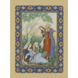 Two Qajar revival-style paintings, the first signed Mohamed Al Zaveh and the second Asadallah Anj...