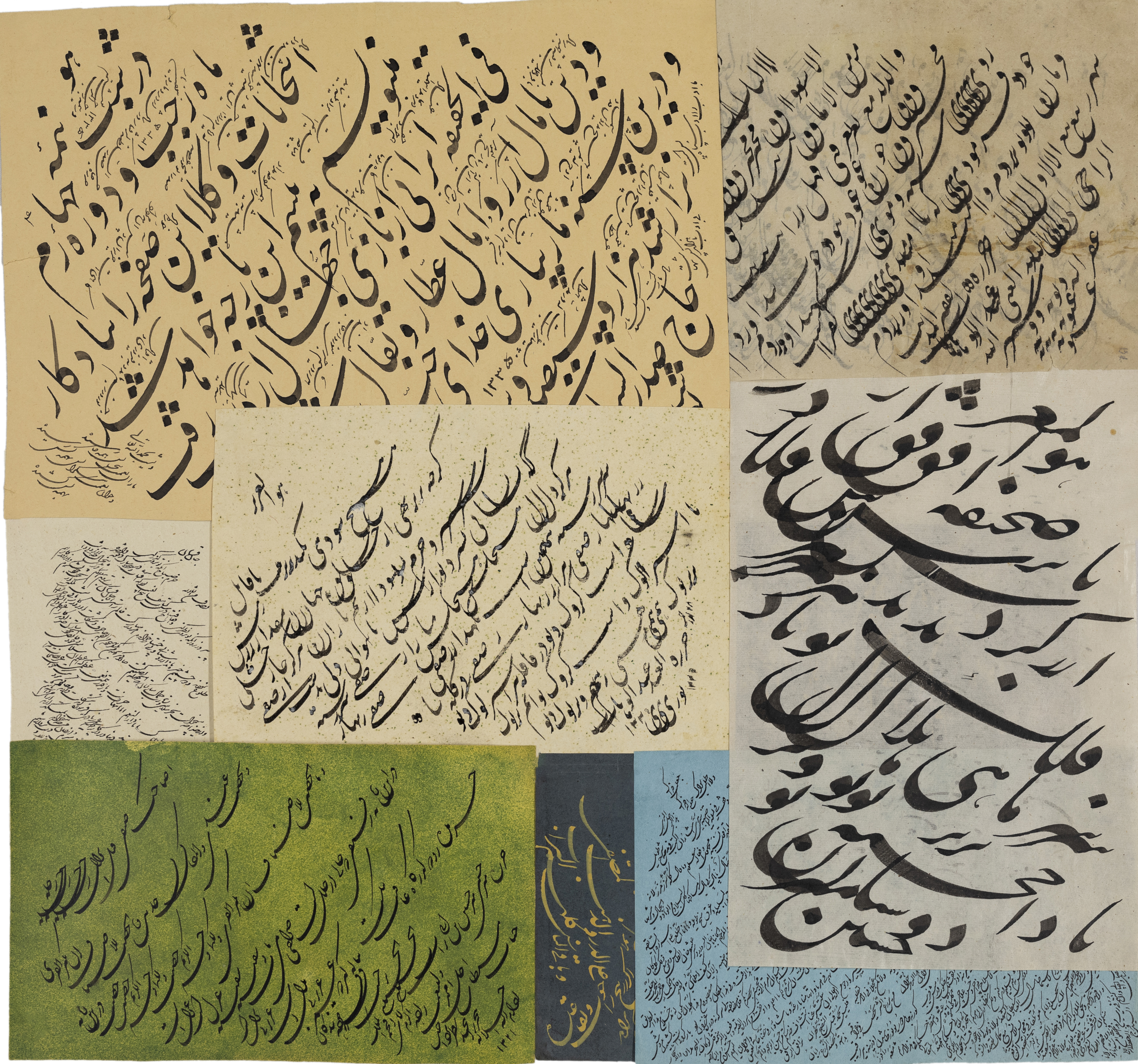 A group of 26 calligraphy papers and notes, Qajar Iran and earlier, In nasta'liq, mashq, shikas...