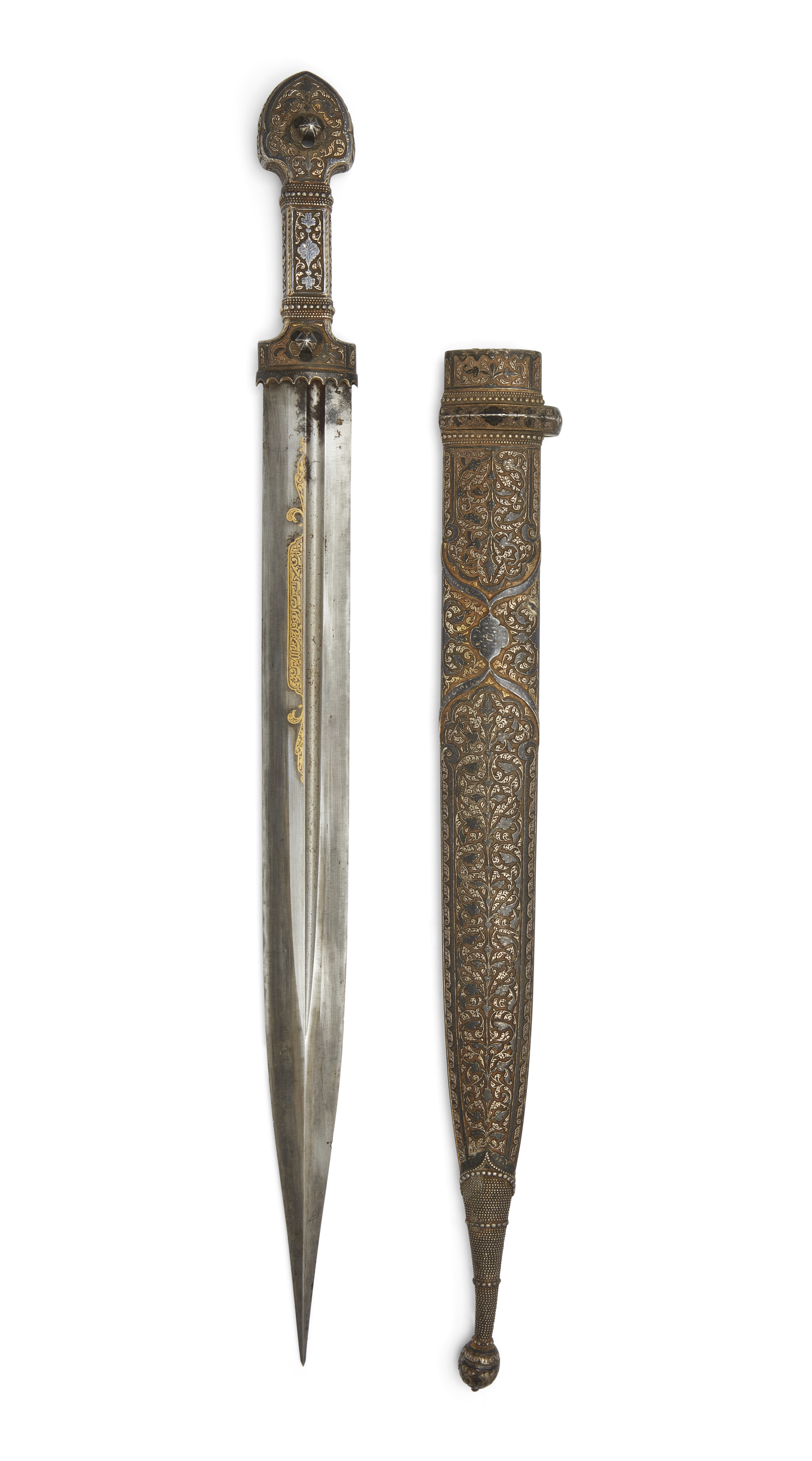 A gilt silver nielloed and gold damascened dagger (kinjal), Georgia or Daghestan, Dated 1324AH/1...
