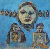 Shahram Karimi, Iranian b.1957- Untitled; mixed media on curtain fabric, 120 x 118 cm
