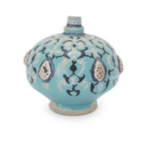 To Be Sold With No Reserve A Kashan turquoise blue and black moulded pottery bottle flask base, ...