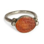 To Be Sold With No Reserve Silver ring with inscribed Hebrew carnelian intaglio H: 2.5cm Prove...