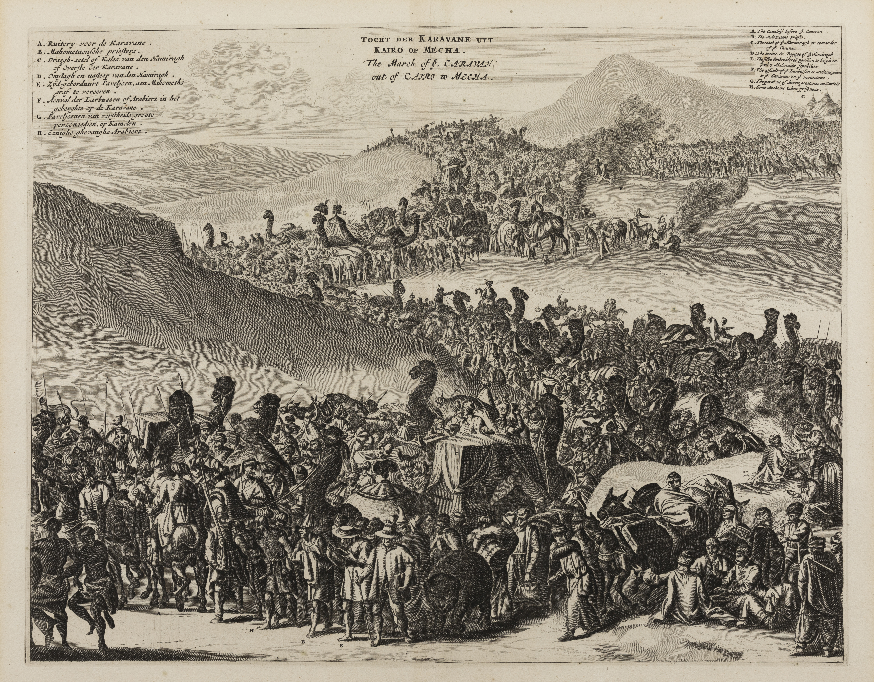 John Ogilby (1600-1676), The March of ye Caravan out of Cairo to Mecha, double-page engraving, 1...