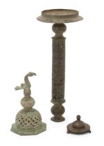 To Be Sold with No Reserve A bronze openwork domed finial, a silver inlaid bronze inkwell lid an...