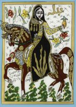 Abu Sobhi al-Tinawi, Syrian 1888-1973- Aba; Reverse glass painting, depicted mounted, holding a...