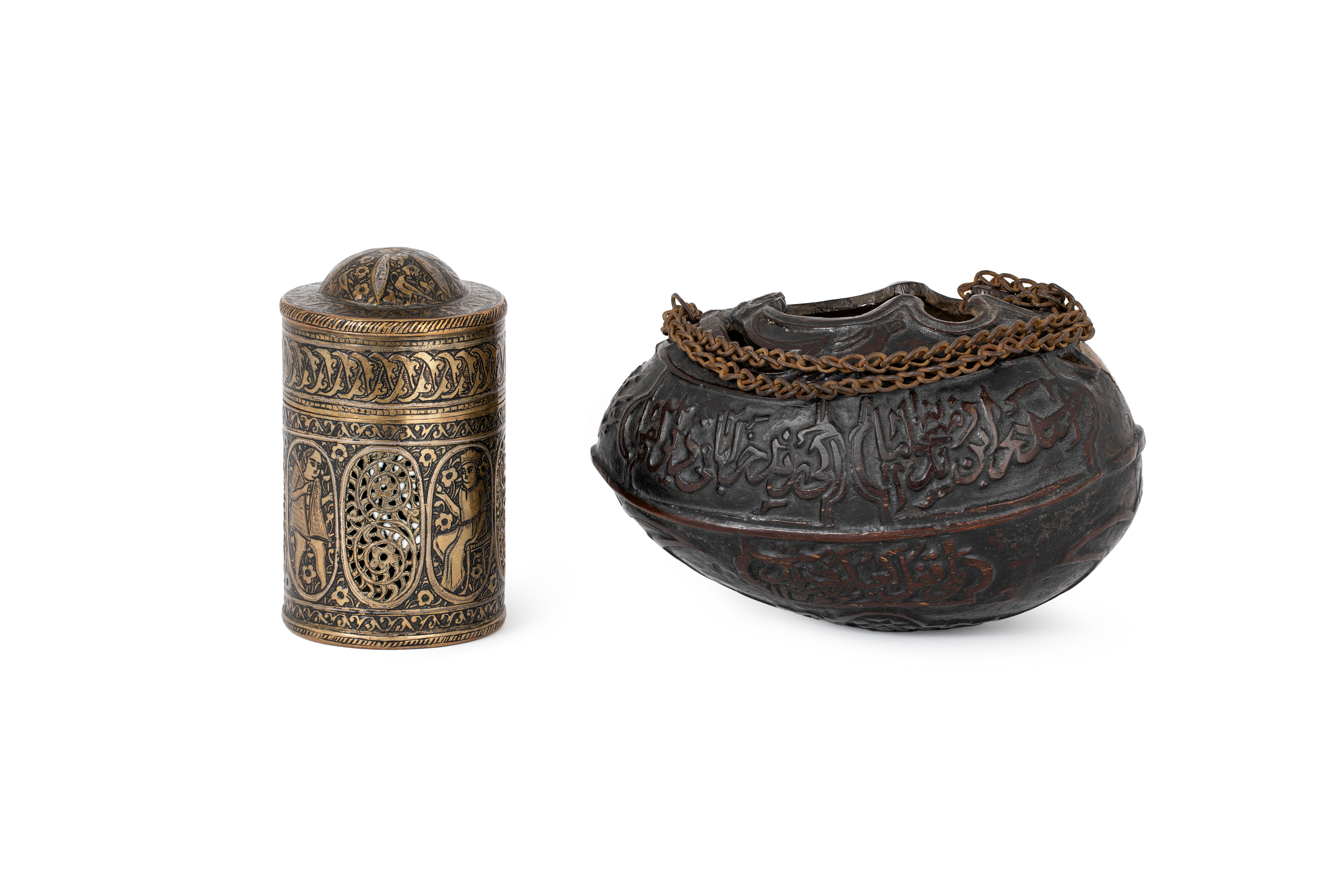 A small Qajar coco-de-mer begging bowl (kashkul) and an engraved brass inkwell Iran, 19th centur...